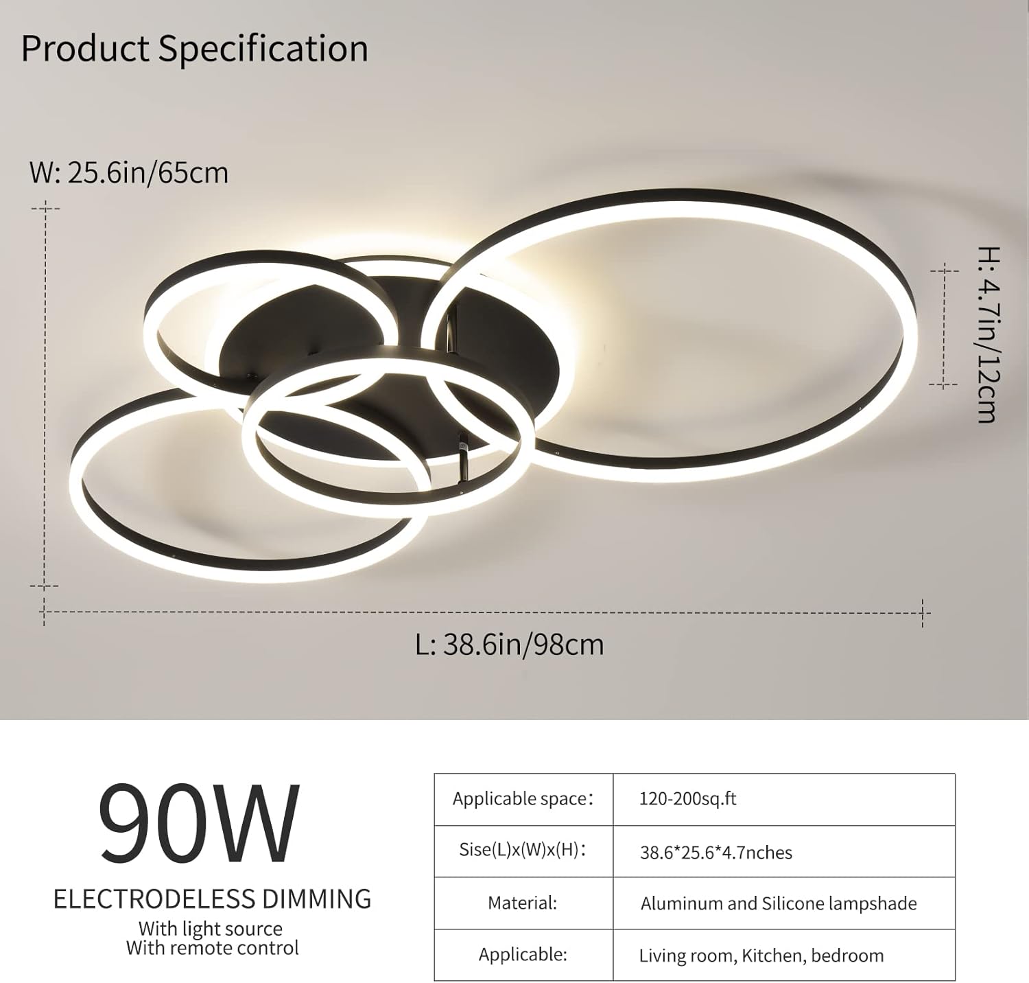 Modern LED Ceiling Light 90W Dimmable Ceiling Light Fixture with Remote Control 5 Rings Flush Mount Ceiling Light Black Acrylic Chandelier LED for Living Room Bedroom Kitchen Light fixtures(4+1B01)