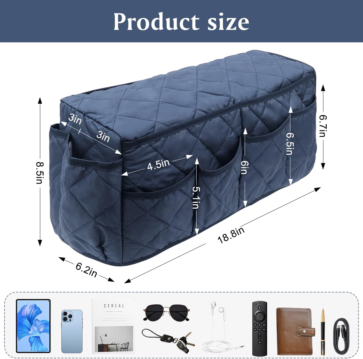 Remote Control Holder, Non Slip Bedside Armchair Caddy, Recliner Arm Caddy Armrest Organizer with 14 Pockets for Cell Phone TV Remote Control Magazines, Dark Blue