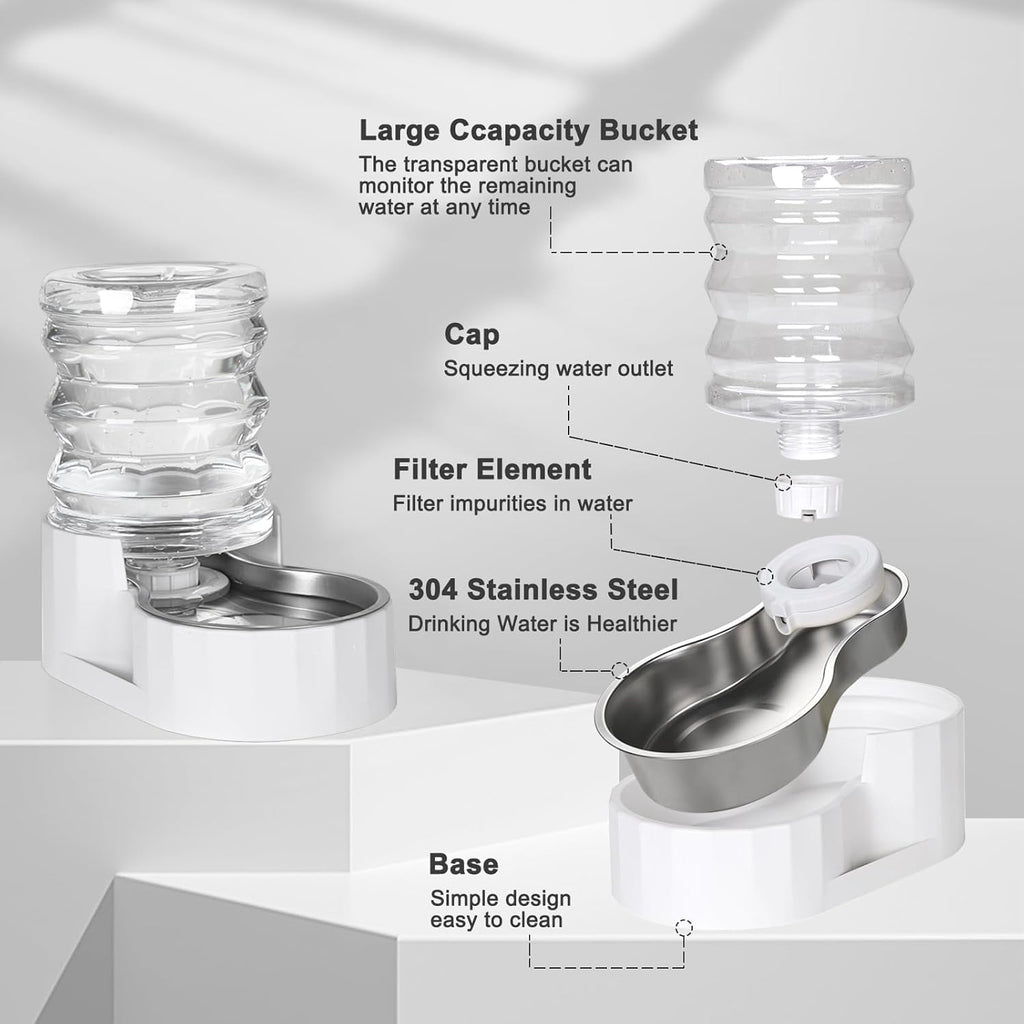 RIZZARI Dog Water Bowl Dispenser: 5L Large Automatic Stainless Steel Gravity Feeder with Specialized Brush and Triple Filter - for Cats with Joint Spine Pain - for Kitchen Bedroom