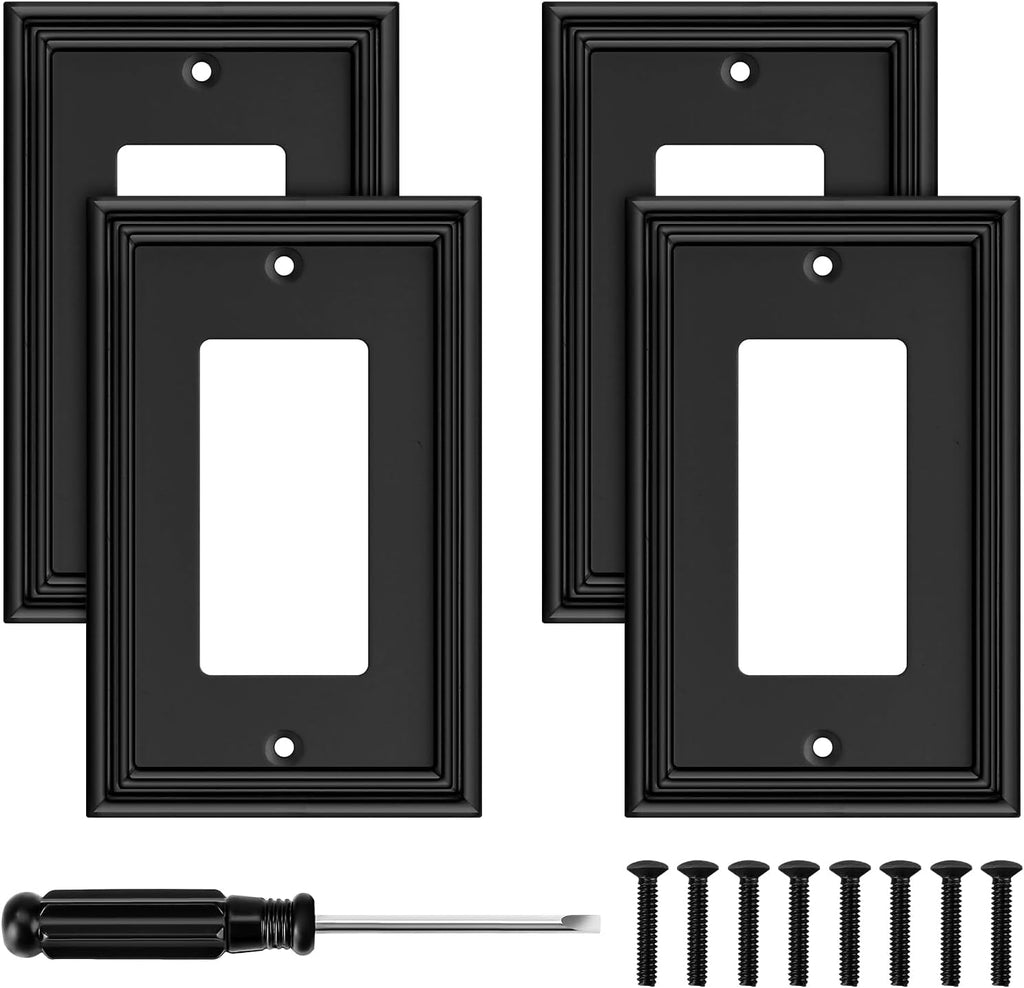 Black Modern Decorative Wall Plate Light Switch Cover Decorator Outlet Covers Rocker Switch Plates Bamboo Fiber Material Wall Plates for Kitchen Bathroom (1 Gang Single Decorator-4 Pack)