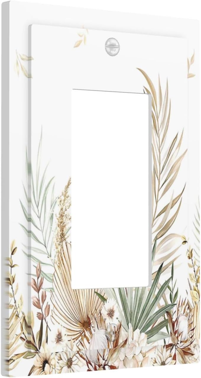Decorative Outlet Covers Boho Leaves Watercolor Tan Leaf Floral Plant 1 Gang Single Rocker Light Switch Cover Plate Wall Plates GFCI Faceplate for Bedroom Home Decor