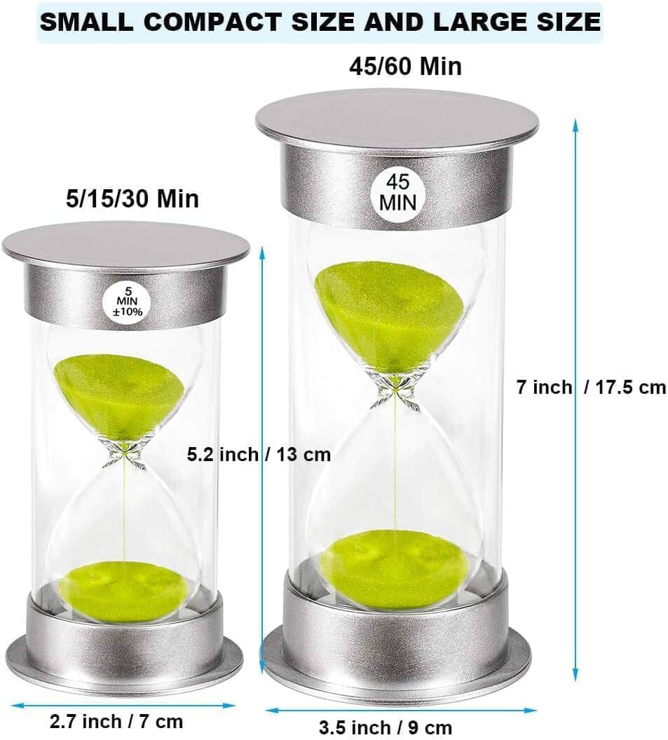 Hourglass Sand Timer 45 Minute, Green Sand Clock 45 Minute, Small Sand Watch 45 Min, Silver Plastic Hour Glass Sandglass Timer for Kids, Games, Classroom, Kitchen, Decoration