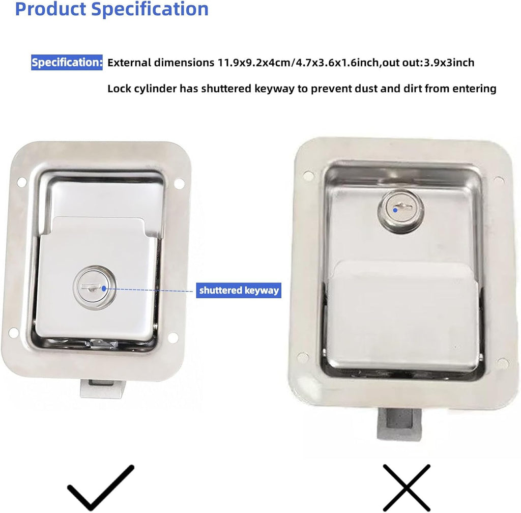 2 Pack Stainless Door Lock Heavy Duty Flush Mount Handle Latch for Trailer Toolbox RV Handle Latch with Gasket Keys