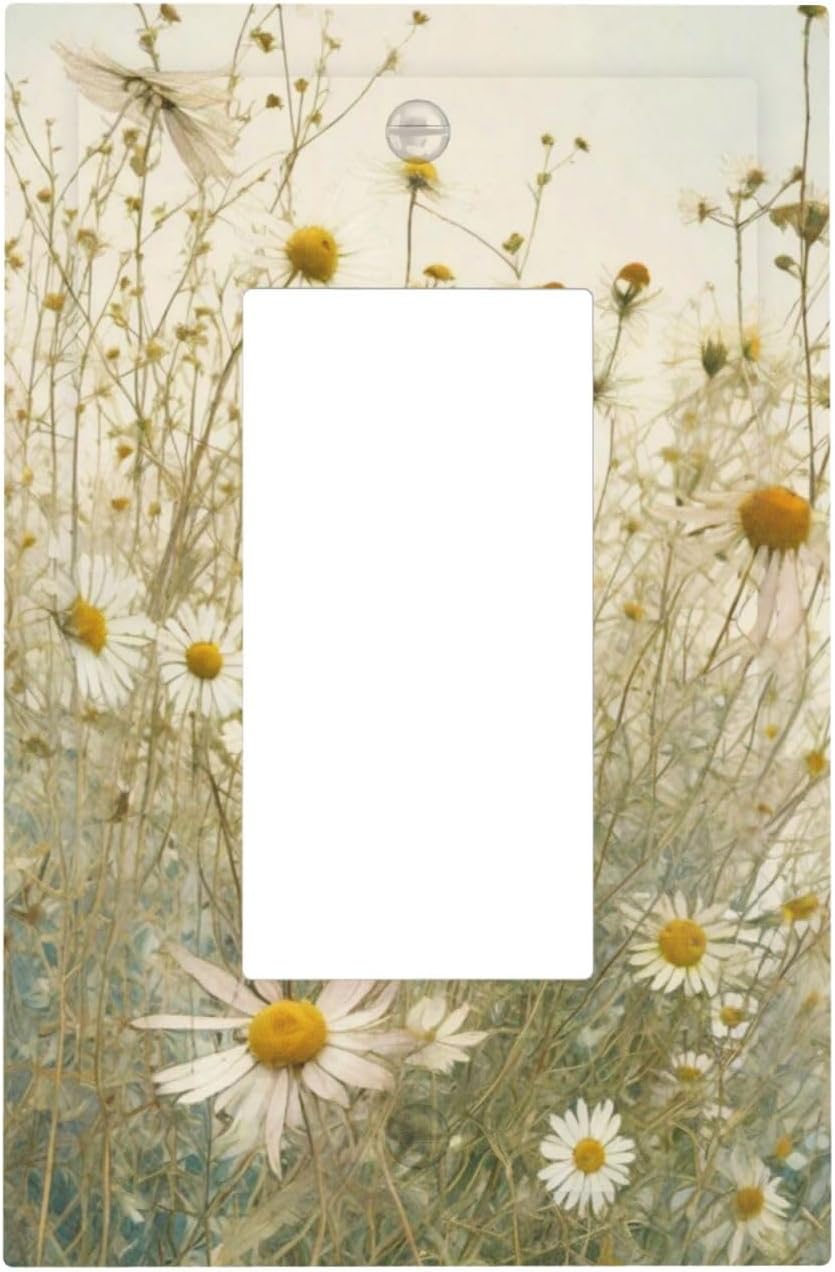 White Wildflowers Daisy Vintage Floral Decorative Outlet Covers 1 Gang Single Rocker Light Switch Cover Plate Wall Plates GFCI Faceplate for Bed Room Living Room Decor