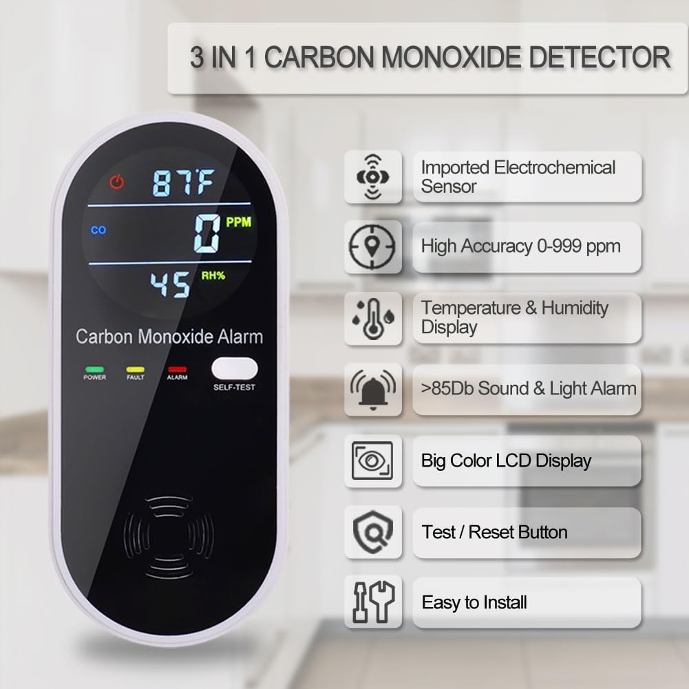 Carbon Monoxide Detectors, Carbon Monoxide Detector Plug in with Temperature Humidity Sensor Built-in, CO Level Monitor Alarm with Clear LCD Display Sound & Light Warning for Home/Hotel/RV