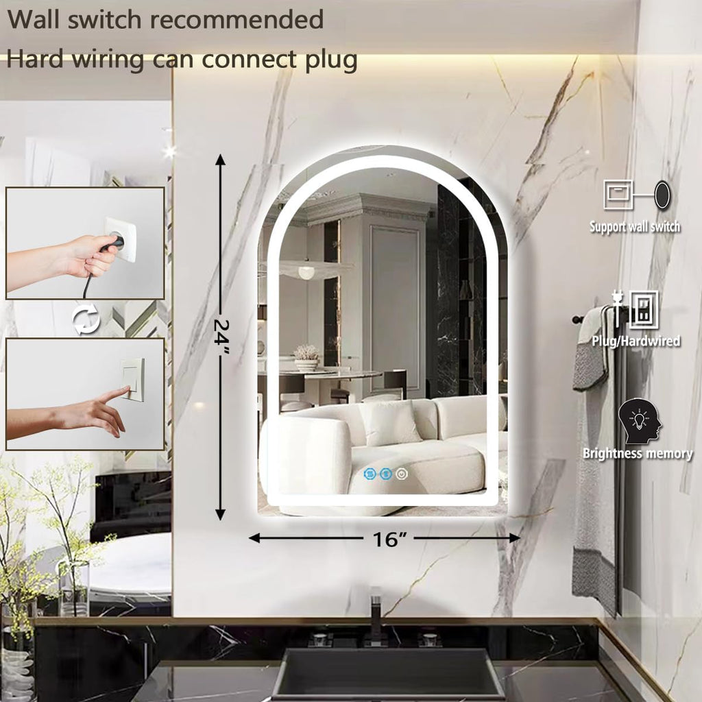 THEKLA 16 x 24 Inch LED Arched Mirror with Lights Memory 3 Color Adjustable Brightness Frontlight Arch Lighted Vanity Mirror for Bathroom Wall TableTop AntiFog 24" Bathroom Smart Arch Light up Mirrors