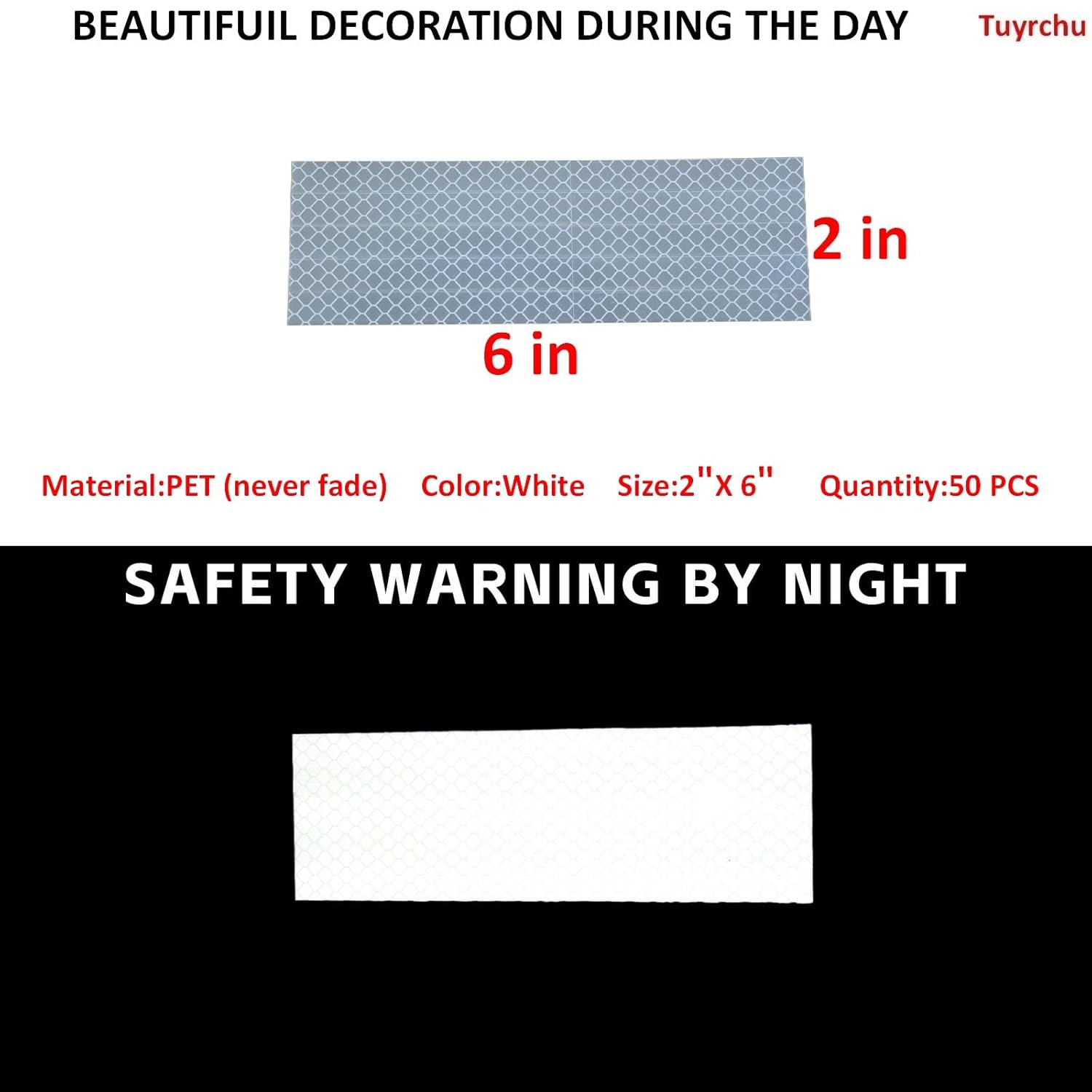 Non Fading White Reflective Stickers 2 inch X 6 inch, Outdoor Waterproof High Visibility Warning Safety Adhesive Reflector Tape (50 Pcs)