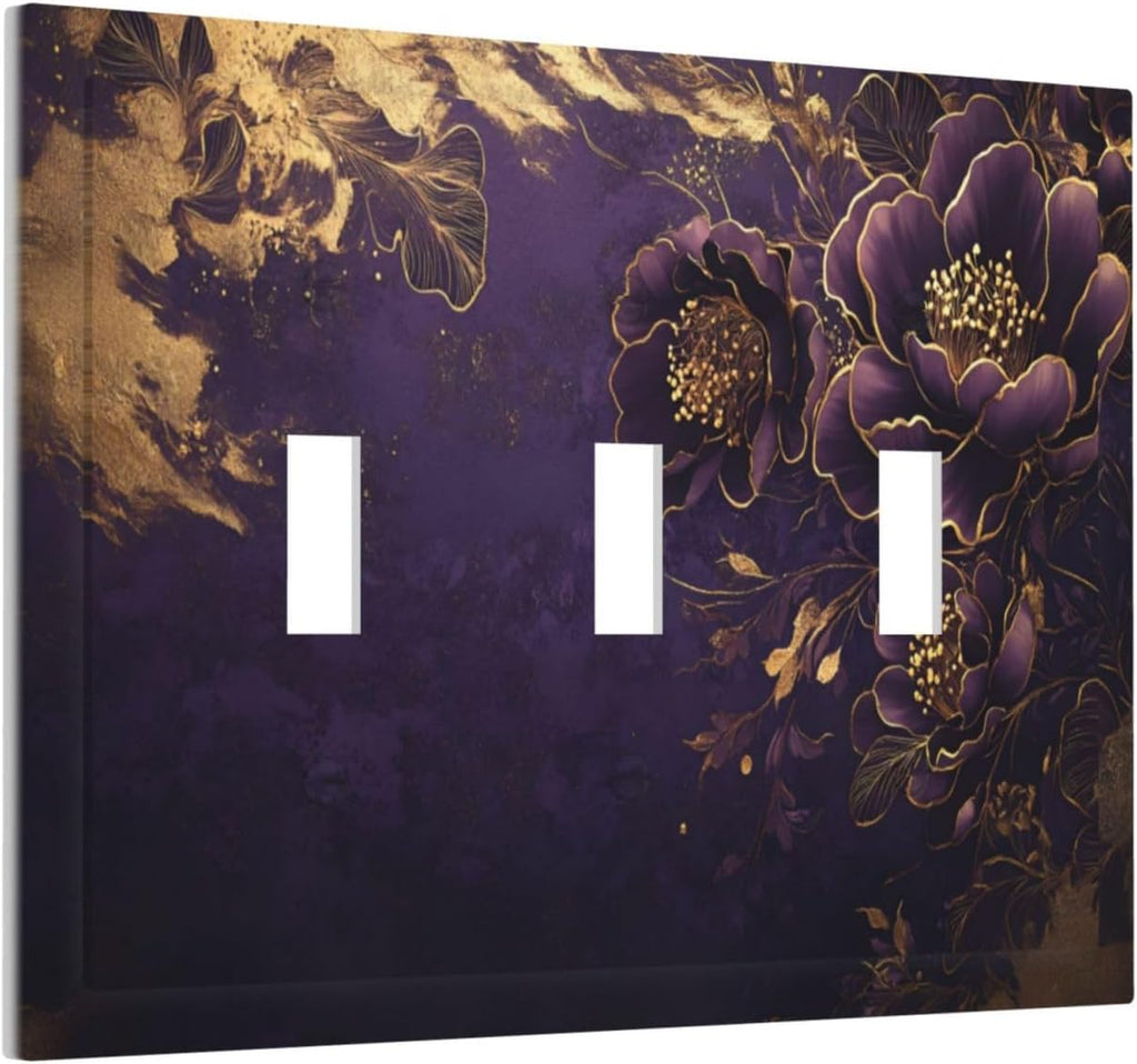Decorative Purple Peony Gold Leaf Flowers Floral 3 Gang Wall Plate Oversized Triple Toggle Switch Cover Plate Jumbo Electrical Face Plate for Bedroom Decor