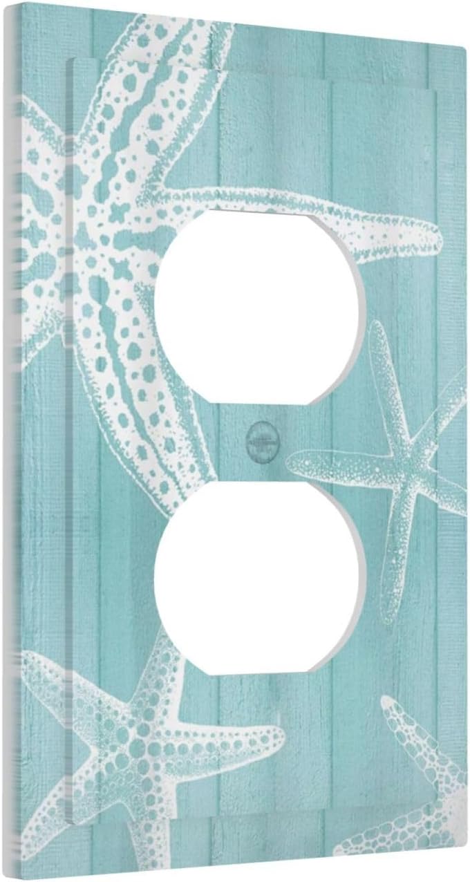 Decorative Outlet Covers Starfish Teal Wood Board Nautical 1 Gang Duplex Light Switch Cover Plate Unique Wall Plates for Electrical Outlets Switch Plate Covers for Bedroom Home Decor