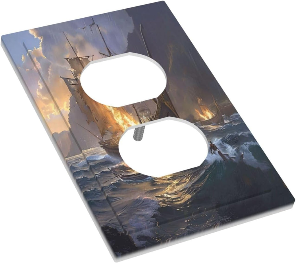 Outlet Covers Medieval Vintage Sailing Adventure Sailings Ocean Waves 1 Gang Duplex Light Switch Cover Plate Decorative Switch Plate Covers Electrical Socket Cover for Bedroom Cabin Decor