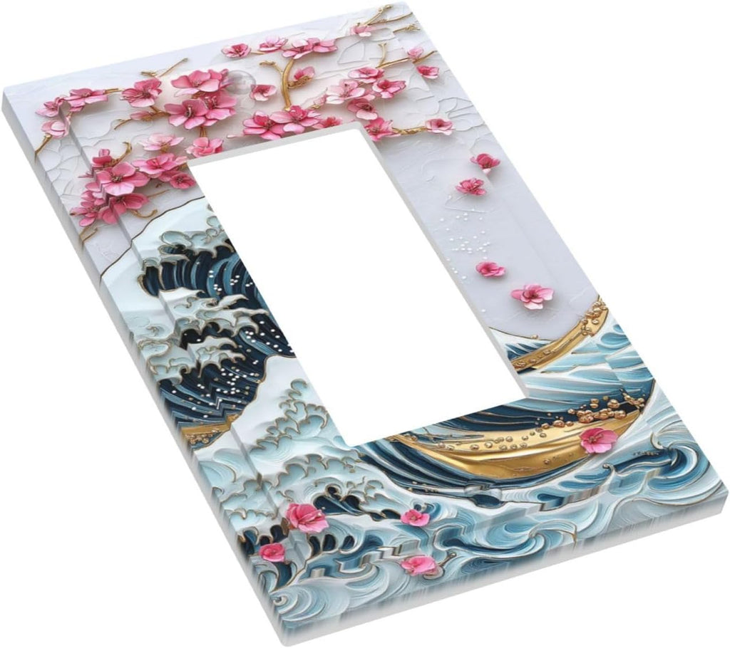 Decorative Outlet Covers The Great Wave Off Kanagawa With Sakura 1 Gang Single Rocker Light Switch Cover Plate Wall Plates GFCI Faceplate for Bedroom Bathroom Decor