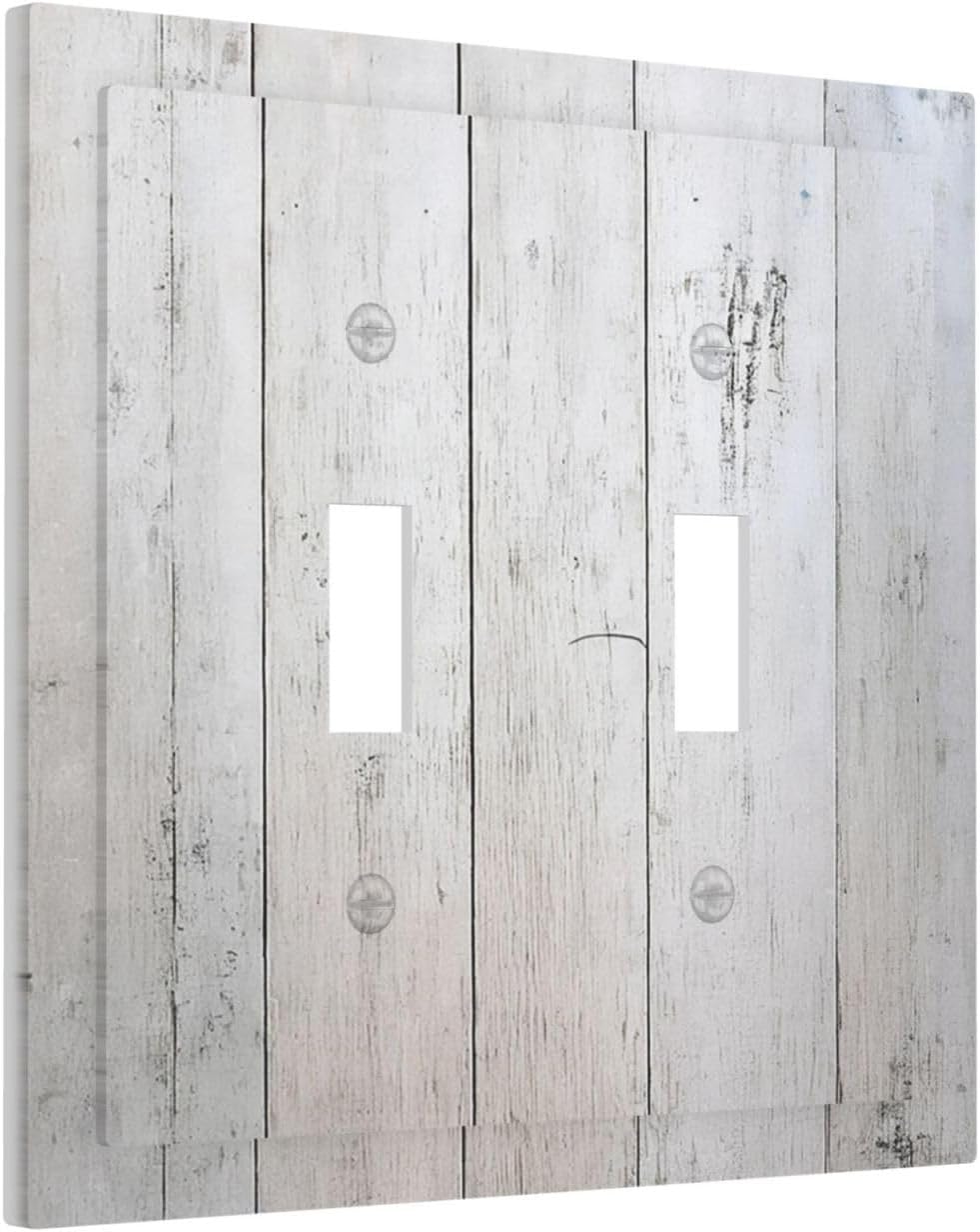 Rustic White Grey Wood Grain Decorative Switch Plates 2 Gang Double Toggle Outlet Light Switch Cover Wall Plate Electrical Faceplate for Bedroom Bathroom Decor
