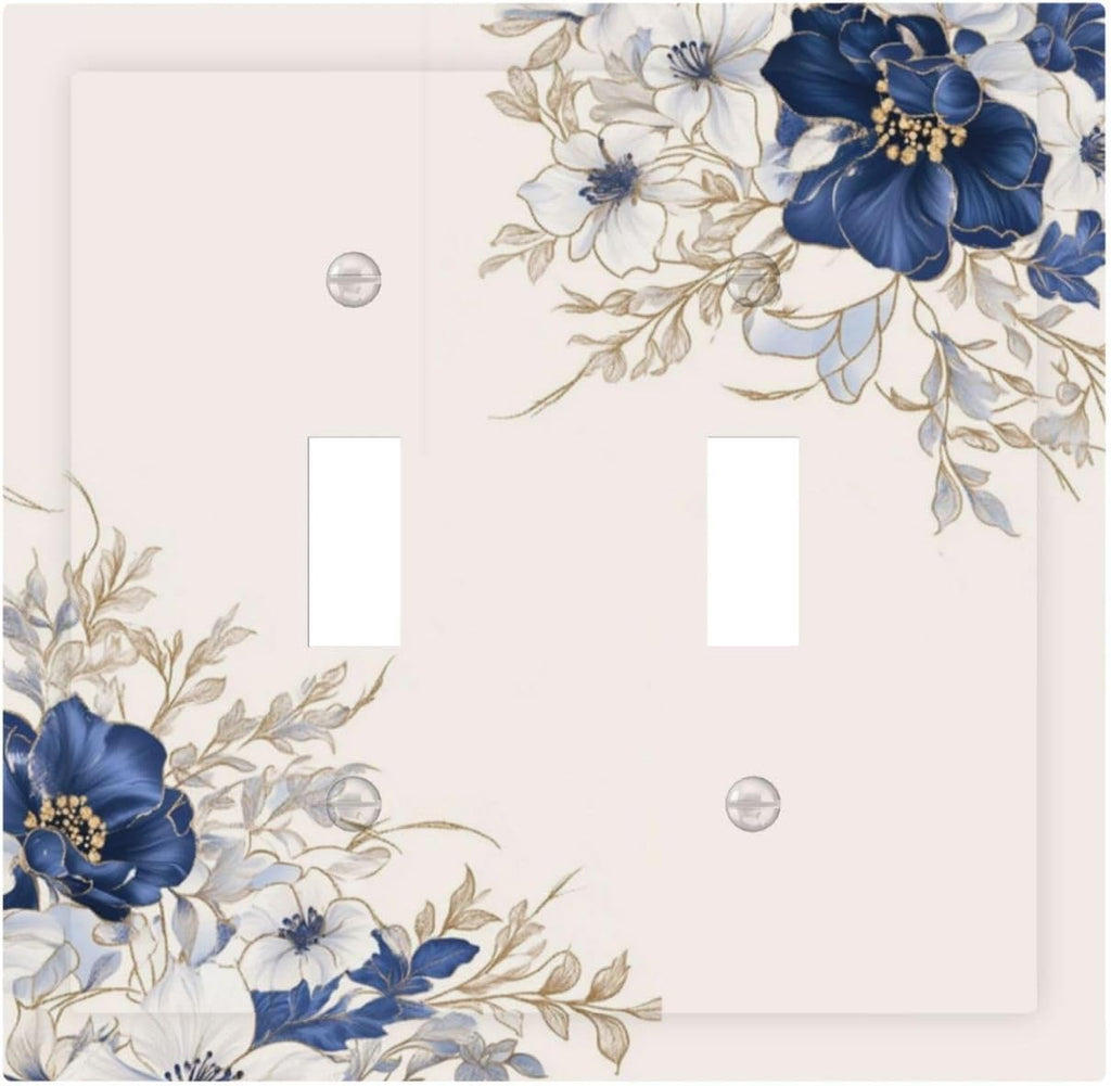 Decorative Light Switch Cover Plate Rustic Blue Beige Flower Peony Floral 2 Gang Outlet Covers Double Toggle Wall Plates for Electrical Outlets Switch Plate Covers Faceplate for Home Decor