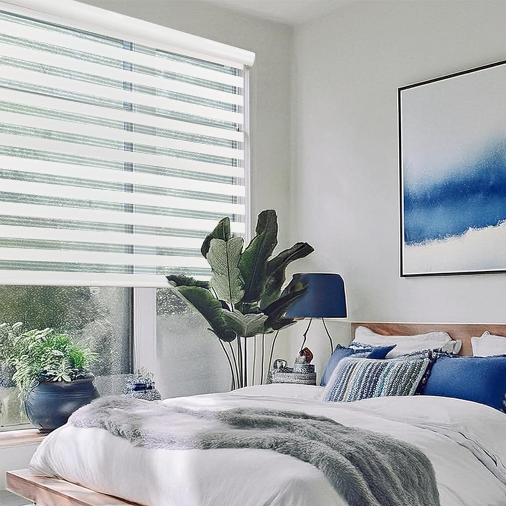 Shadesu Cordless Zebra Blinds for Windows, 77" W x 72" H, White, Dual Layer Free-Stop Zebra Shades, Light Control for Day and Night, Sheer Blinds for Indoor Windows, Bedroom, Kitchen