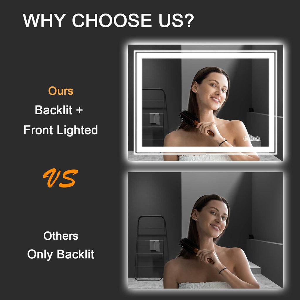 71x31 LED Bathroom Mirror with Front and Backlight, Dimmable Lighted Bathroom Vanity Mirror with Anti-Fog, Memory Function,Tempered Glass(Horizontal/Vertical)