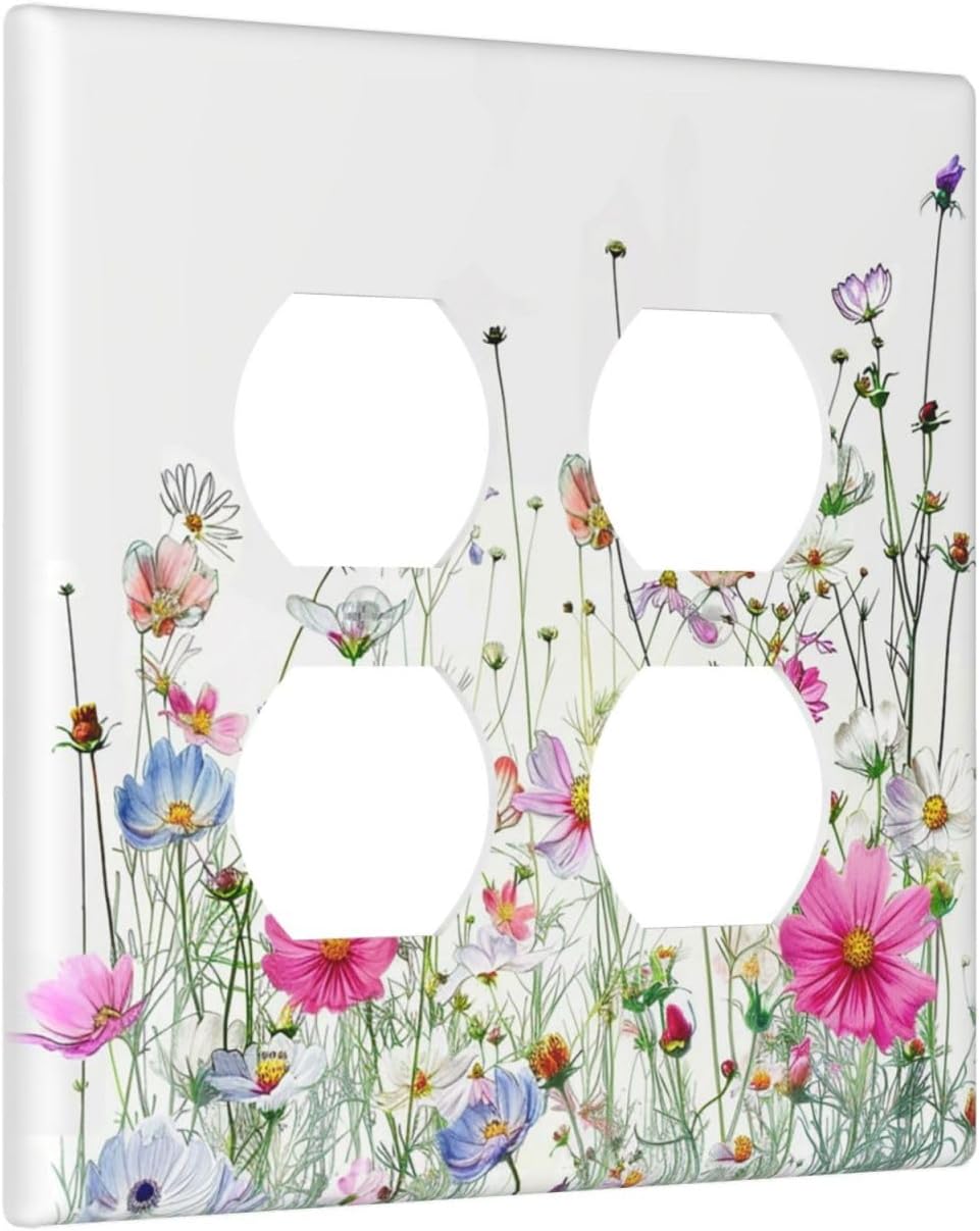 Outlet Covers Boho Colorful Flowering Plant Wild Flower 2 Gang Double Duplex Decorative Light Switch Covers Electrical Wallplates Socket Faceplate For Bed Room Living Room Decor