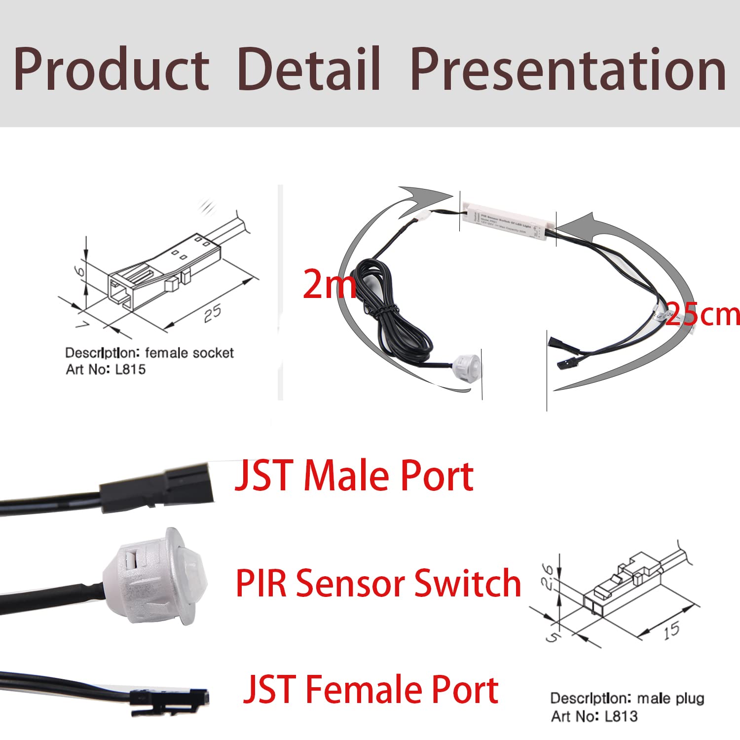 VST Motion Sensor Light Switch, Proximity Sensor Switch, Led Light Automatic Witch for Closet Light Under Cabinets Counters Closets Wardrobes with 12V JST Male and Female (DC 12-24V)
