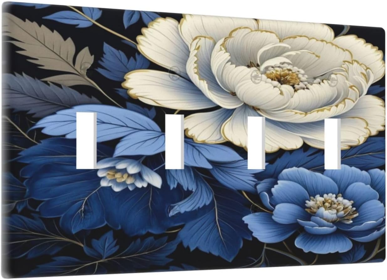 Blue White Flowers Light Switch Covers Quad Toggle 4 Gang Wall Plate Decorative Switchplate Electrical Faceplate for Farmhouse Bathroom Living Decor