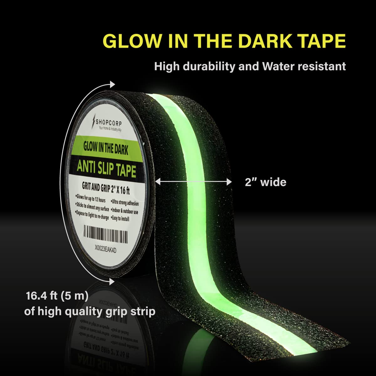 Anti Slip Glow in The Dark Traction Tape 2Inch x 16ft – Heavy Duty Adhesive Grip Non Skid Tape for Stairs Waterproof Safety - Outdoor/Indoor - Neon Strips Walk Black - 2 Pack
