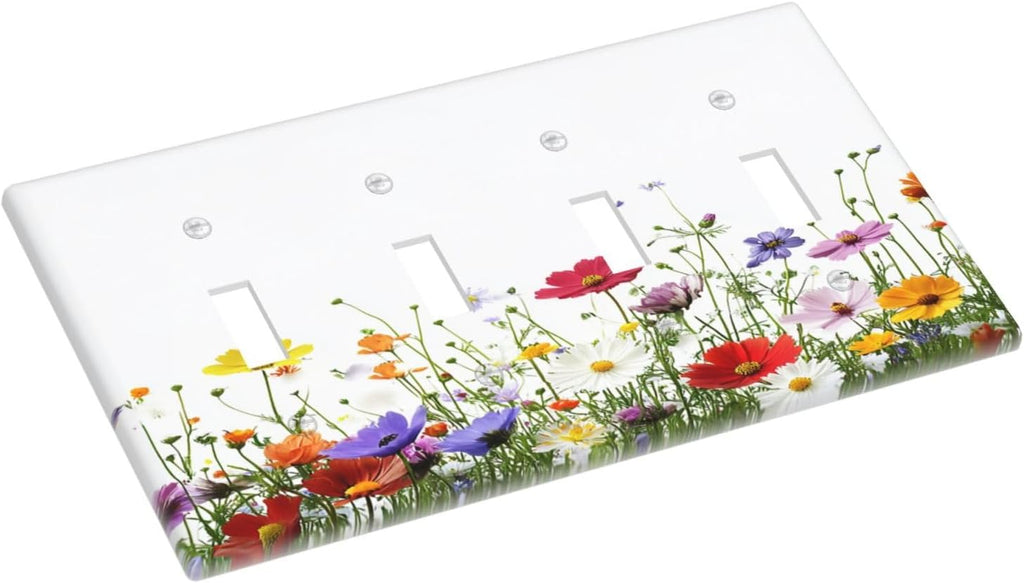 Light Switch Covers Colorful Wildflowers Plant Floral Daisy Quad Toggle Electrical Faceplate 4 Gang Wall Plate Decorative Switch Plates For Bed Room Living Room Decor
