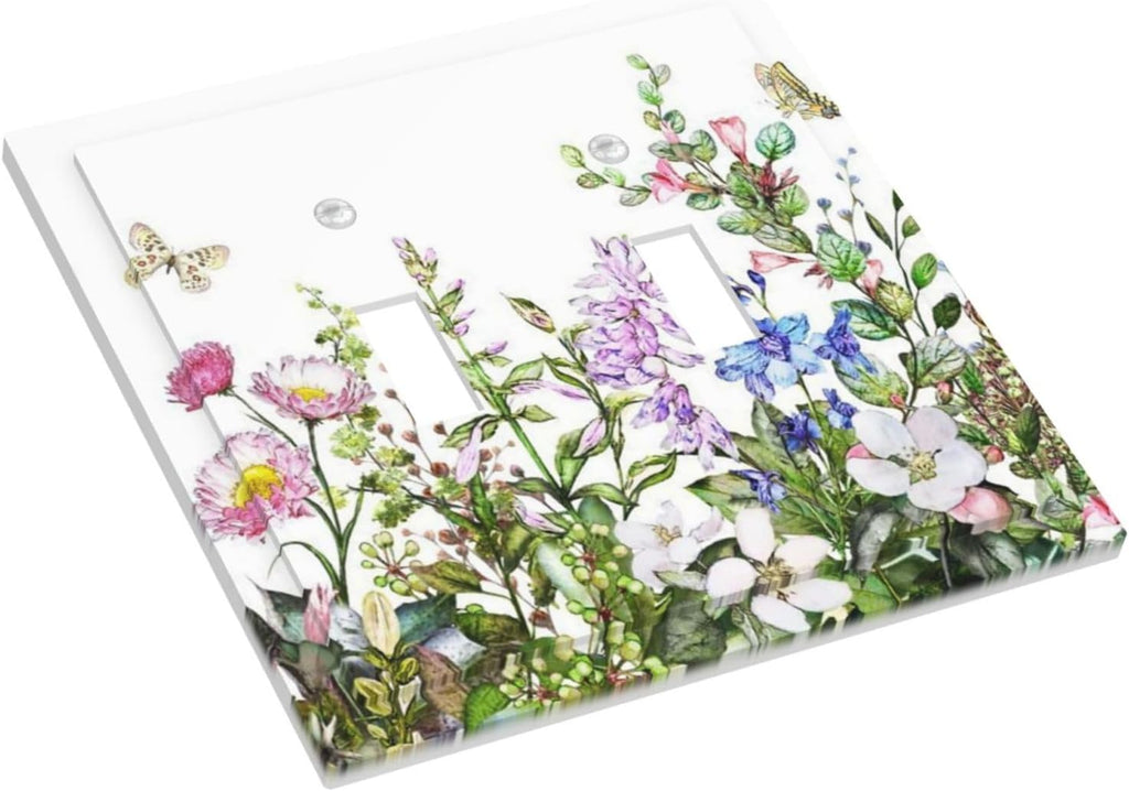Boho Colorful Wildflowers Butterfly Green Plant Leaf Double Toggle Light Switch Covers 2 Gang Wall Plate Dual Decorative Switchplate Electrical Faceplate for Country Bathroom Bedroom Decor
