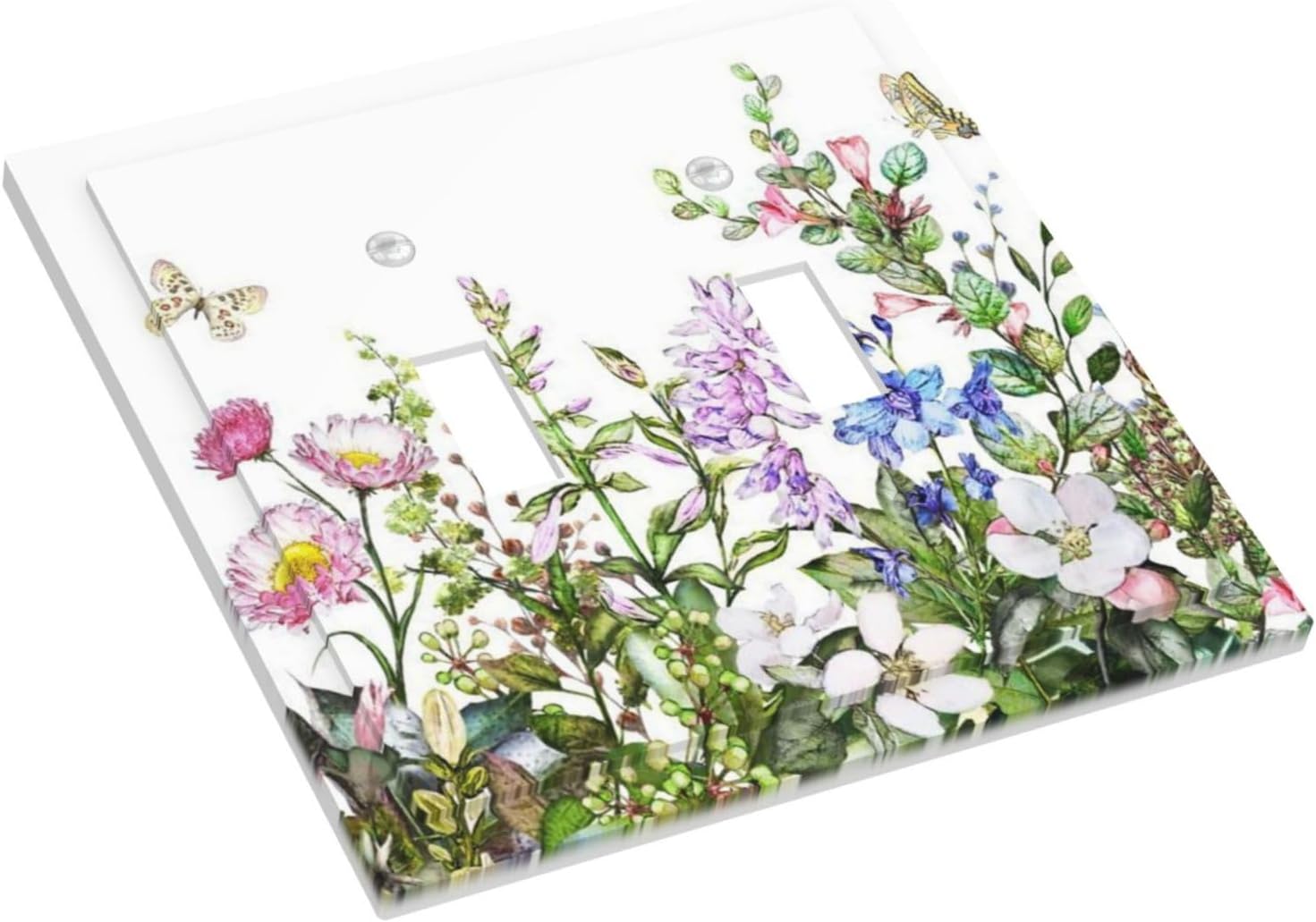Boho Colorful Wildflowers Butterfly Green Plant Leaf Double Toggle Light Switch Covers 2 Gang Wall Plate Dual Decorative Switchplate Electrical Faceplate for Country Bathroom Bedroom Decor