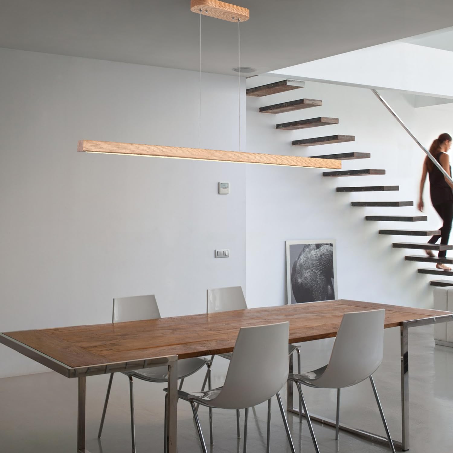 71" 40W Wood Linear Pendant Light Fixture Led Dining Room Light Dimmable Hanging Light Fixture for Kitchen Island Dining Room Pool Table Lights Natural