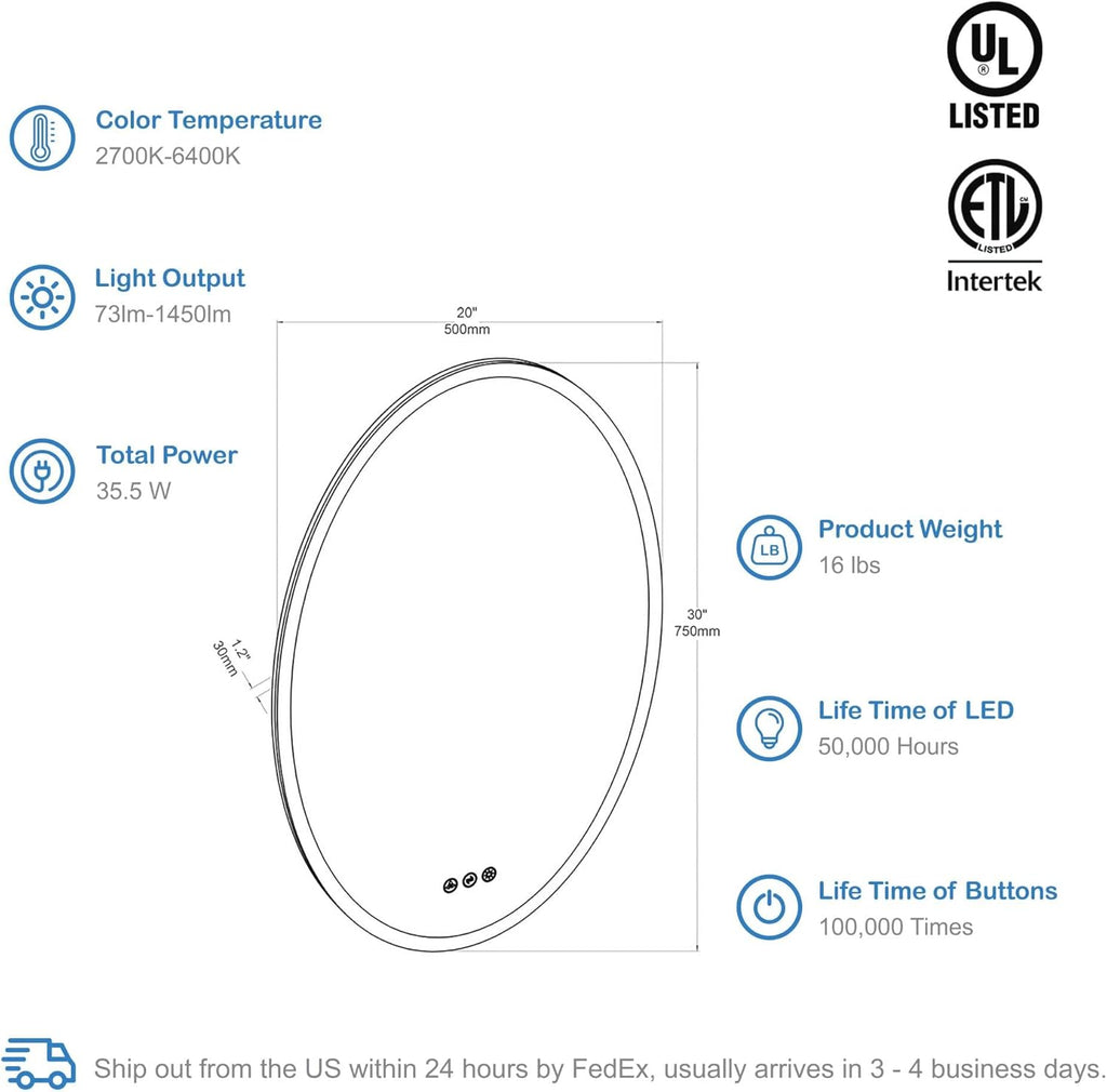 Blossom 20'' x 30'' LED Mirror for Bathroom Lighted Vanity Mirror for Wall Front Lights + Backlit LED Bathroom Mirror Anti-Fog Tempered Glass ETL Listed, Wall Mounted LED Vanity Mirror