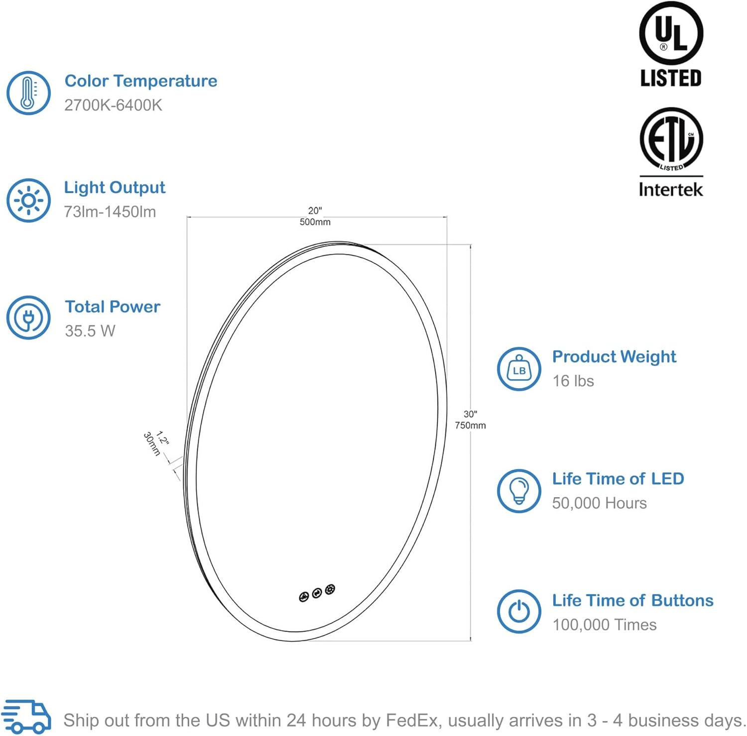 Blossom 20'' x 30'' LED Mirror for Bathroom Lighted Vanity Mirror for Wall Front Lights + Backlit LED Bathroom Mirror Anti-Fog Tempered Glass ETL Listed, Wall Mounted LED Vanity Mirror