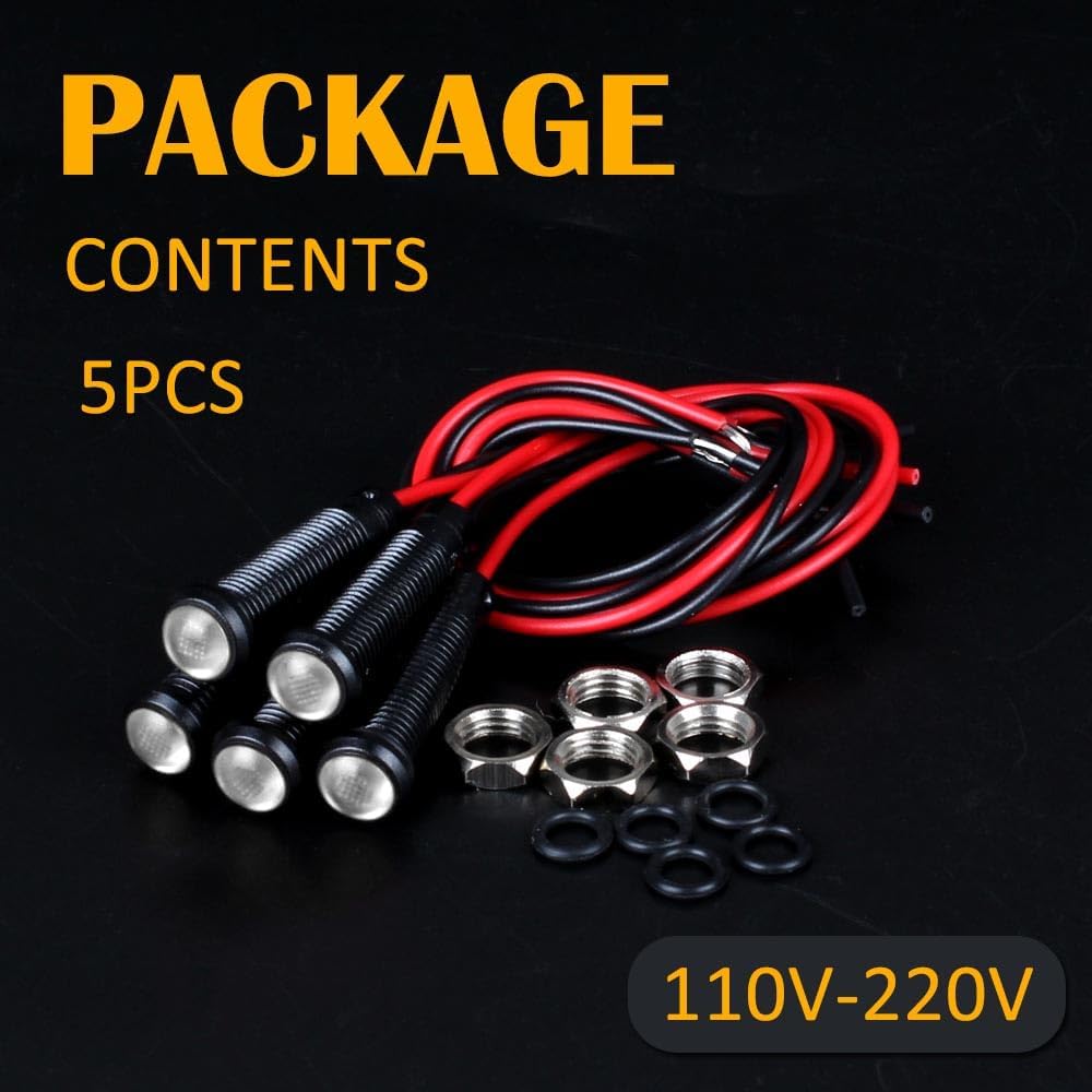 5pcs 6mm LED Indicator Light Plastic Black Signal Dot Lamp 110-220VAC 1/4" Mounting Hole Size with 15cm/5.9in. Wire (White LED)