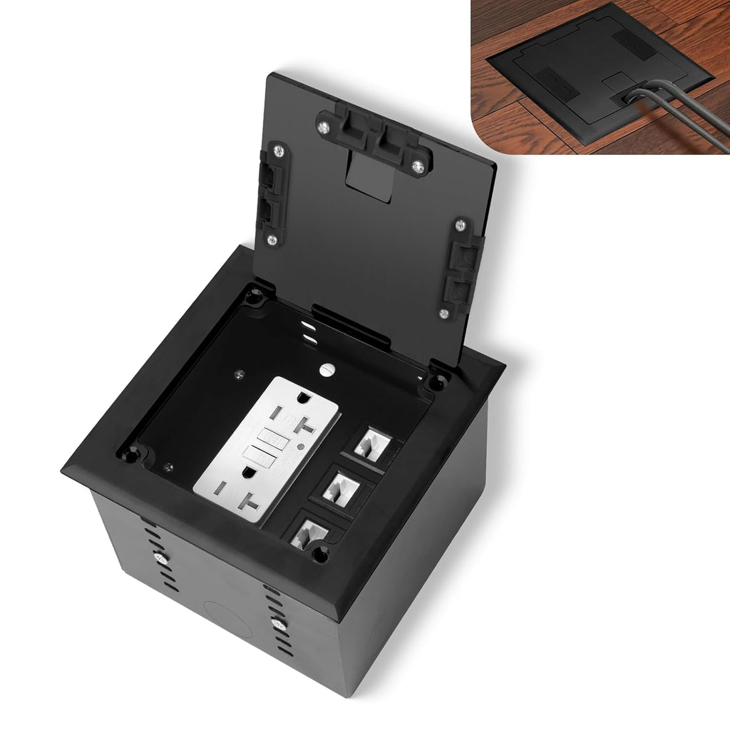 KYHSHJ Recessed Flat Hidden Socket Kit with 2 * 20 Amp Stainless Steel GFCI Tamper Receptacle Outlet+3-Port RJ45 Datacom Receptacle. Internal Height Adjustable，Corrosive Resistant Hardware，Black