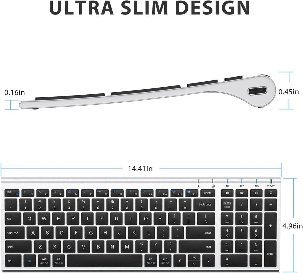 iClever BK10 Bluetooth Keyboard, Wireless Rechargeable Ultra-Slim Keyboard with Long Battery Life, Compatible with iOS, Android, Windows, Mac for iPad, Tablet, Laptop, PC, Phone (Silver Black)