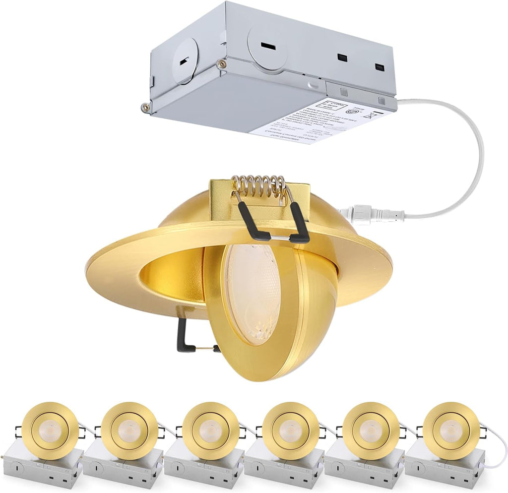 Gold Recessed Lighting Fixtures 3inch - 7W Canless CCT Selectable Gimbal Ceiling LED Recessed Lights,Dimmable Indoor Swivel Downlight for Accent Lighting,360° Adjustable 90° Tilt Spotlights 6Pack Gold