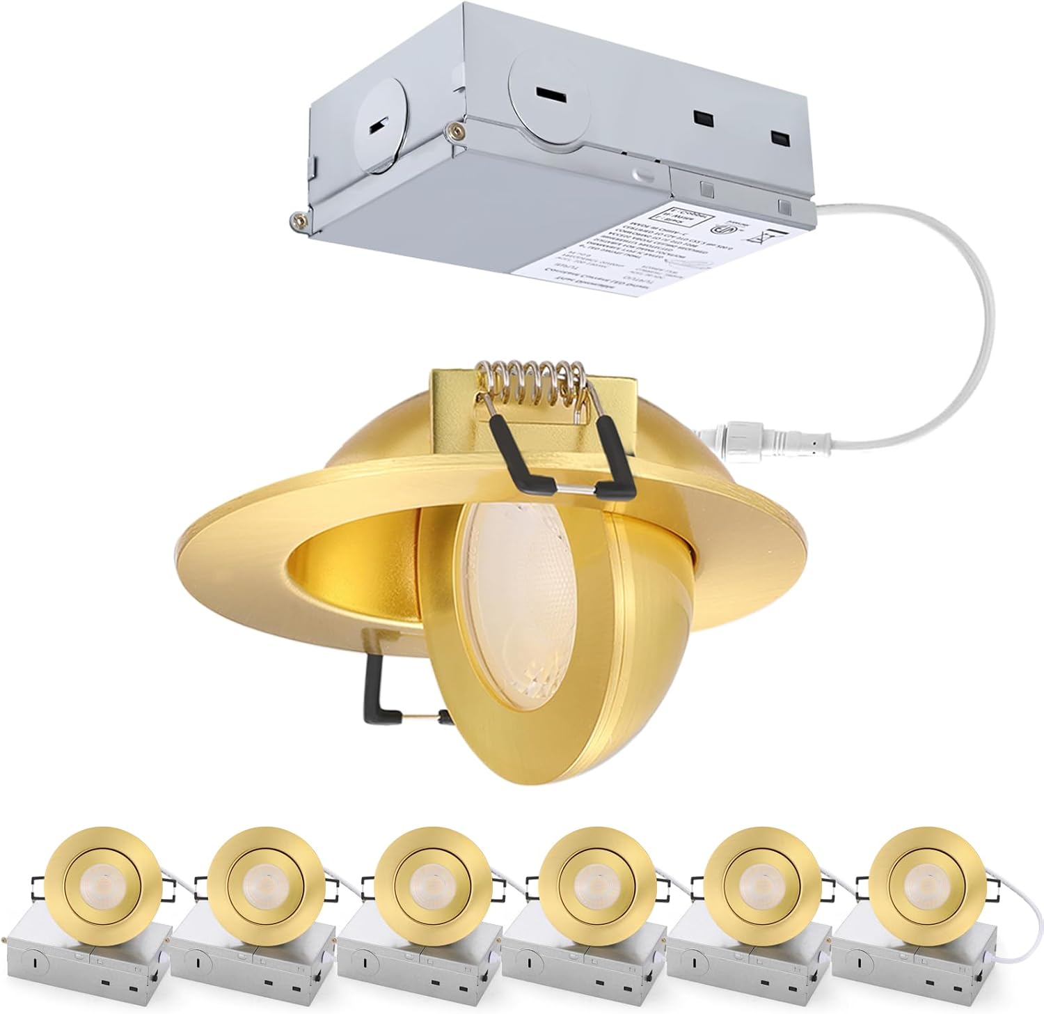Gold Recessed Lighting Fixtures 3inch - 7W Canless CCT Selectable Gimbal Ceiling LED Recessed Lights,Dimmable Indoor Swivel Downlight for Accent Lighting,360° Adjustable 90° Tilt Spotlights 6Pack Gold