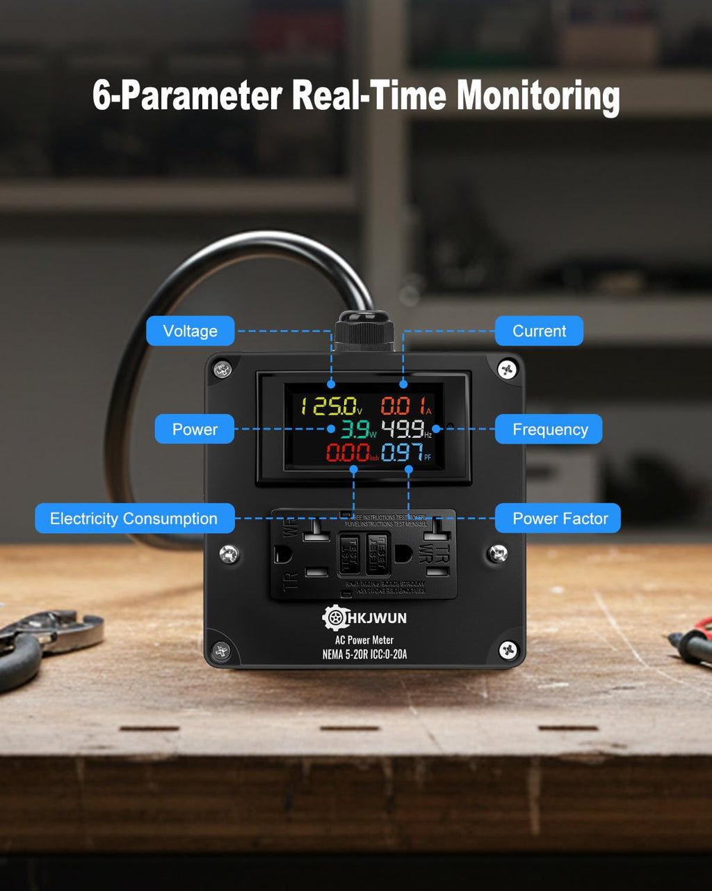 20A AC Power Meter, 125V Outlet Monitor for NEMA 5-15P to 5-20R, Multifunction Energy Monitor, LCD Digital Real-Time Display for Monitoring Voltage Current Power Electricity Consumption Frequency