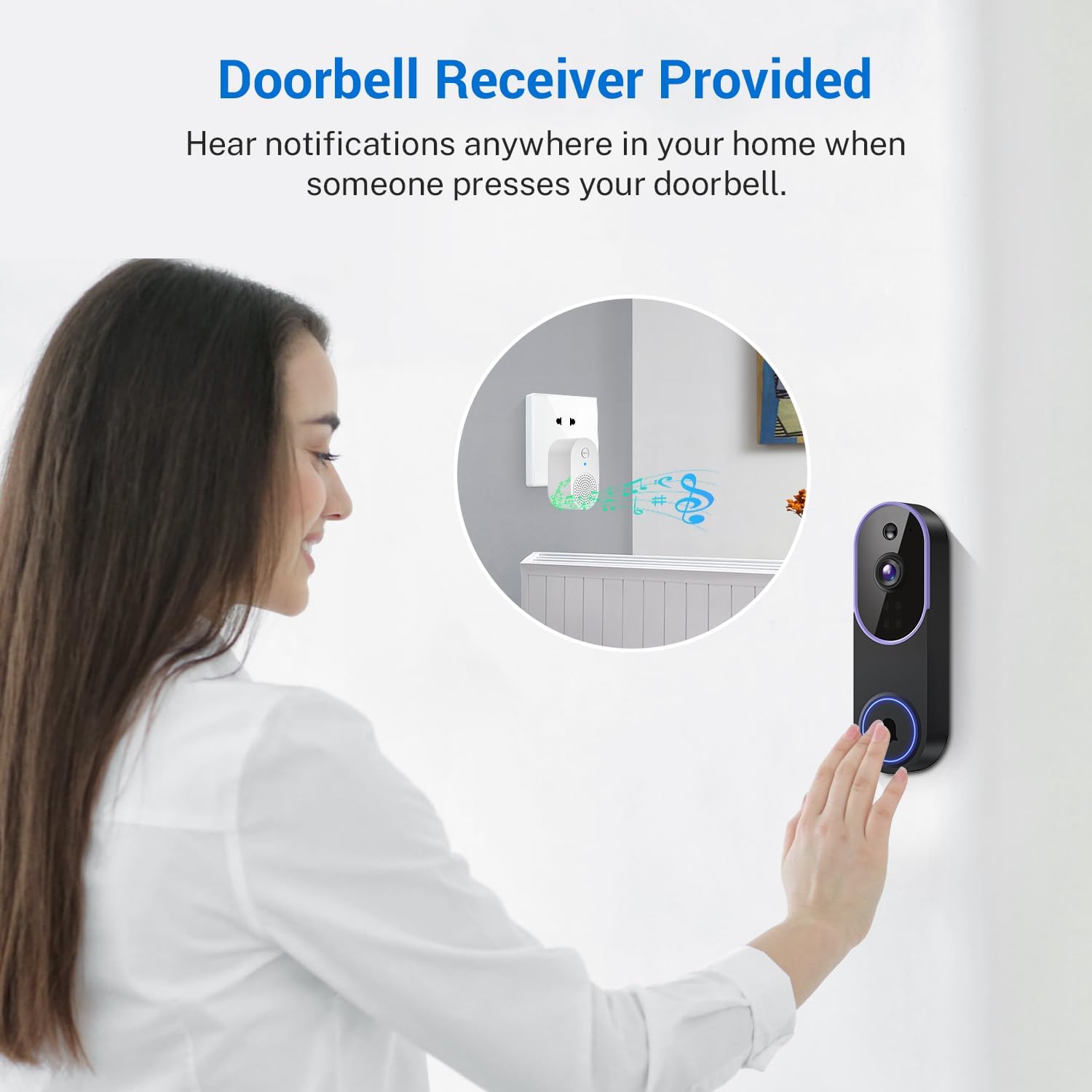 1080p Smart Video Doorbell Camera Wireless, Doorbell Receiver Included, Live View, AI Human Detection, Night Vision, Cloud Storage, 2.4G WiFi, Battery Powered, Indoor Outdoor Surveillance