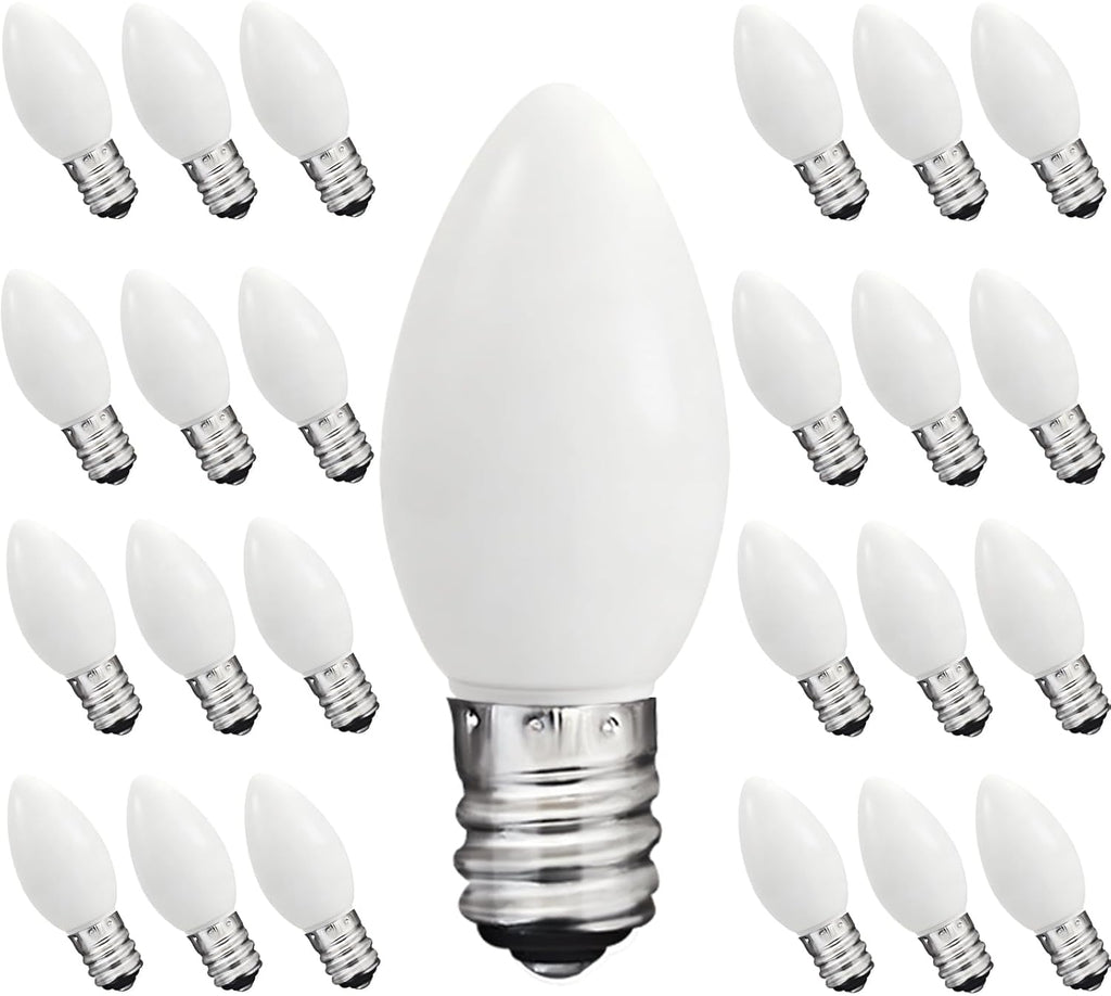C7 LED White Replacement Bulbs,25 Pack 0.6w White Christmas Light Replacement Bulbs With E12 Base,Warm White Light Bulbs For Candelabra Window Candle Chandelier Night Lights Christmas String Lights