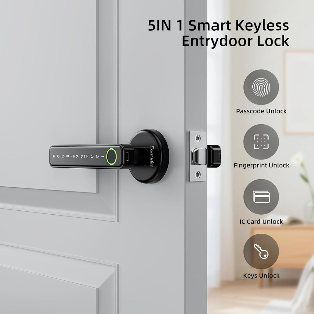 Fingerprint Door Lock Smart Door Lock with Keypad Keyless Entry Door Lock with Handle for Home Hotel Office Apartment Bedroom (Black) Ekwansetion