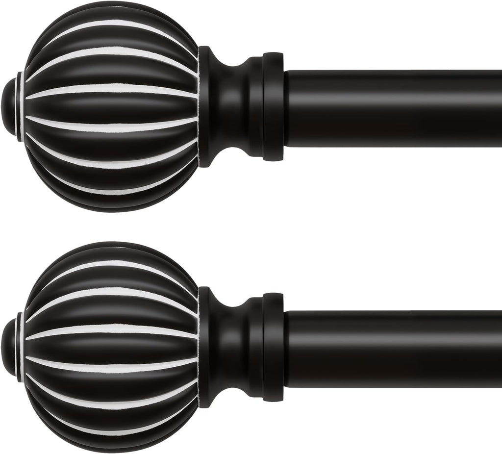 2 Pack Black Curtain Rods for Windows 48 to 84 Inch, 1'' Adjustable Heavy Duty Curtain Rod，Vintage Decorative Drapery Rods with Pumpkin Finials for Bedroom Living Room