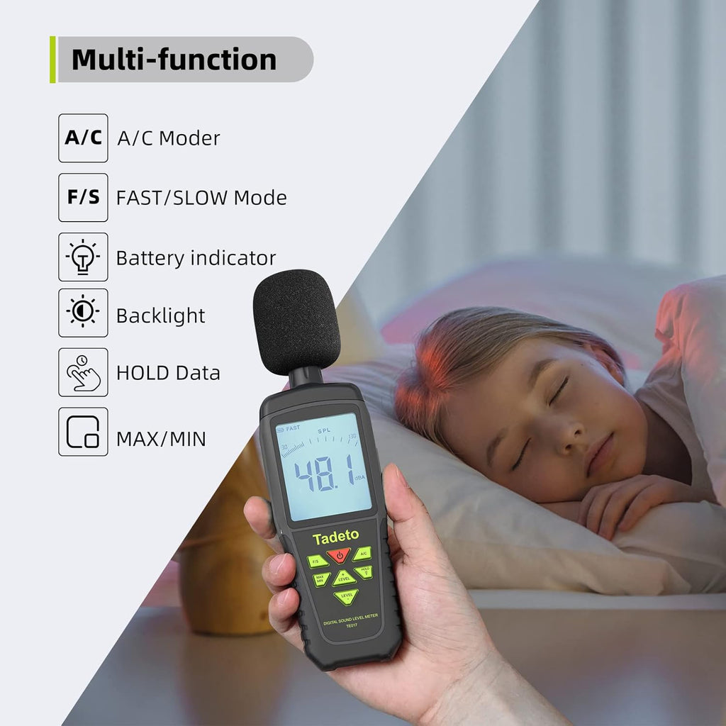 Decibel Meter, Tadeto Digital Sound Level Meter Portable SPL Meter 30dB to 130dB(5 Measurement Range) Backlight LCD Display, MAX/MIN Noise Measurement, Audible and Visual Alarms,Data Hold, A/C Mode
