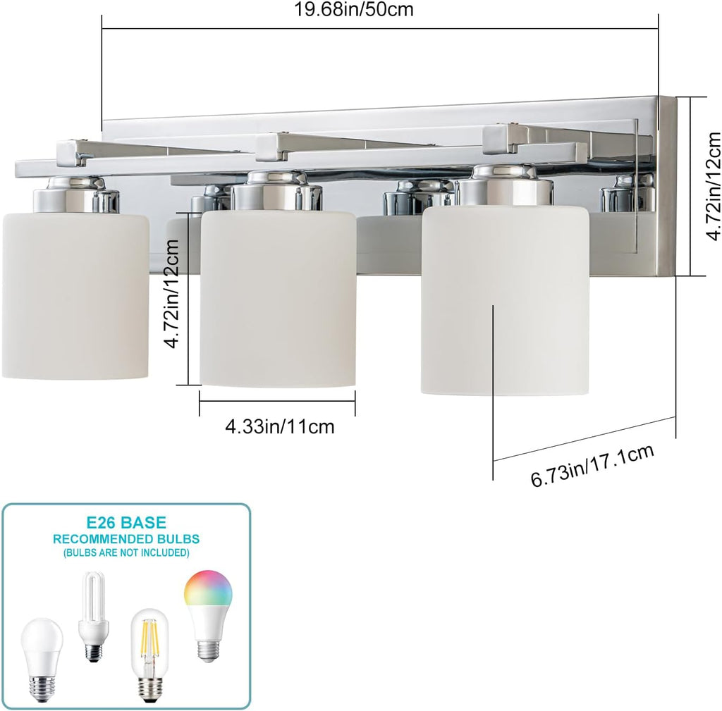 3 Light Modern Bathroom Light Fixtures Over Mirror, Chrome Vanity Lights for Bathroom Wall Sconces with Milky White Glass Shades, E26 Socket (Bulbs Not Included)