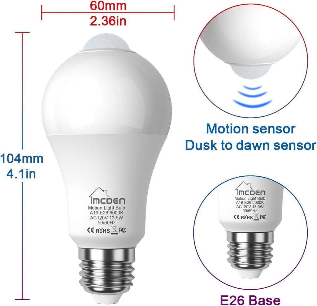 McDen Motion Sensor Light Bulb, Indoor Motion Activation Detector Light Bulb, E26 Base Dusk to Dawn Security Night Light 13.5W Equivalent 100W 6000K Daylight 4 Packs