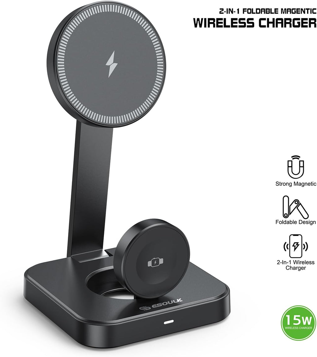 Esoulk 15W 2-in-1 Wireless Charger, Foldable Magnetic Fast Charging Station for iPhone, Apple Watch, and Smart Watch