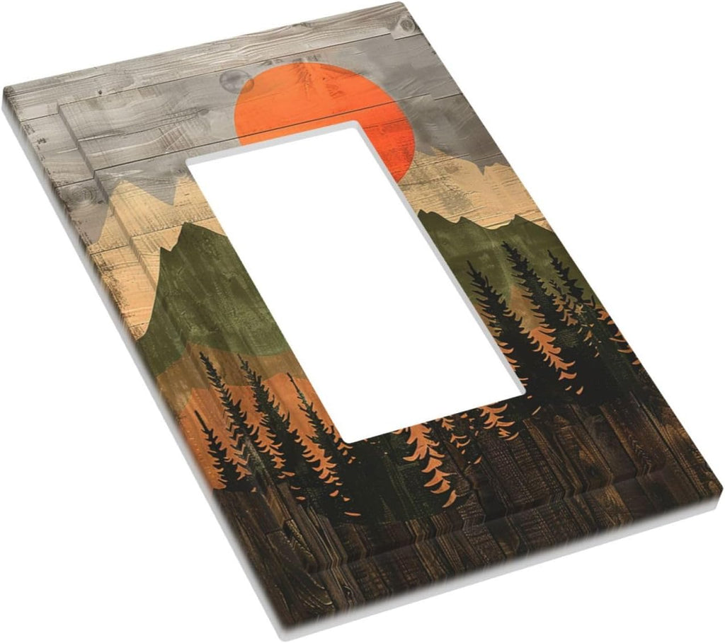 Decorative Outlet Covers Vintage Wood Grain Sun Forest Mountains 1 Gang Single Rocker Light Switch Cover Plate Wall Plates GFCI Faceplate for Farmhouse Cabin Decor