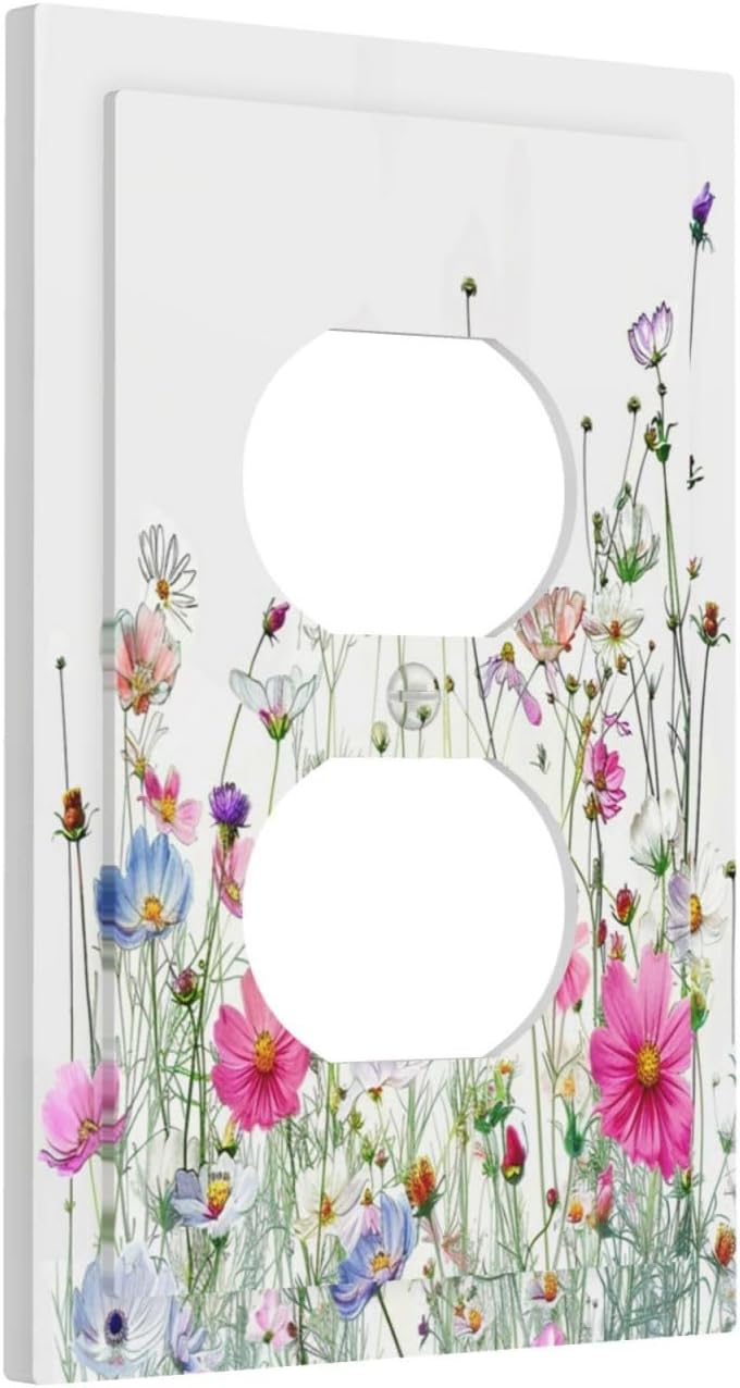 Outlet Covers Boho Colorful Flowering Plant Wild Flower 1 Gang Duplex Light Switch Cover Decorative Switch Plates Electrical Receptacle Faceplate Wall Plate For Bed Room Living Room
