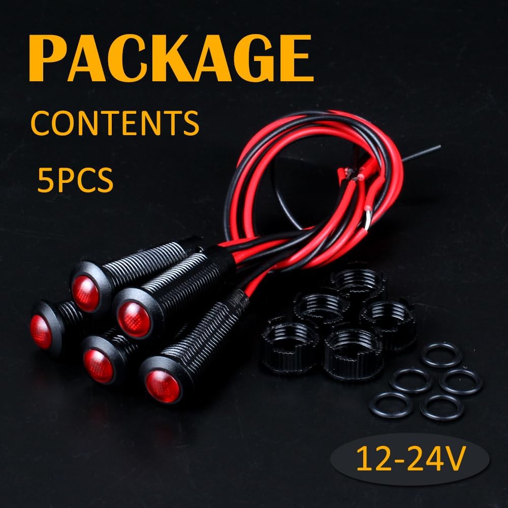 5pcs 8mm LED Indicator Light Plastic Black Signal Dot Lamp 12V-24V 5/16" Mounting Hole Size with 15cm/5.9in. Wire (Red LED)