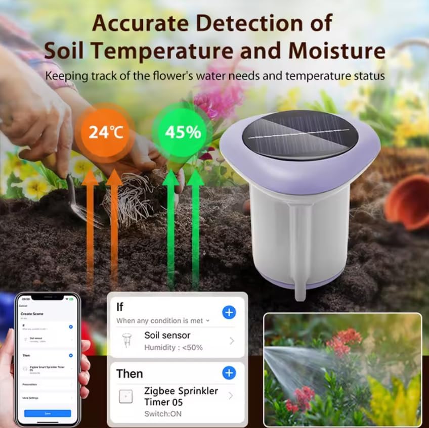 Solar Powered Wireless Zigbee Soil Moisture and Temperature Sensor for Plants, Garden, Lawn. Remotely View Status and Set Alarms via its smaryphone Mobile App (Requires Tuya hub)