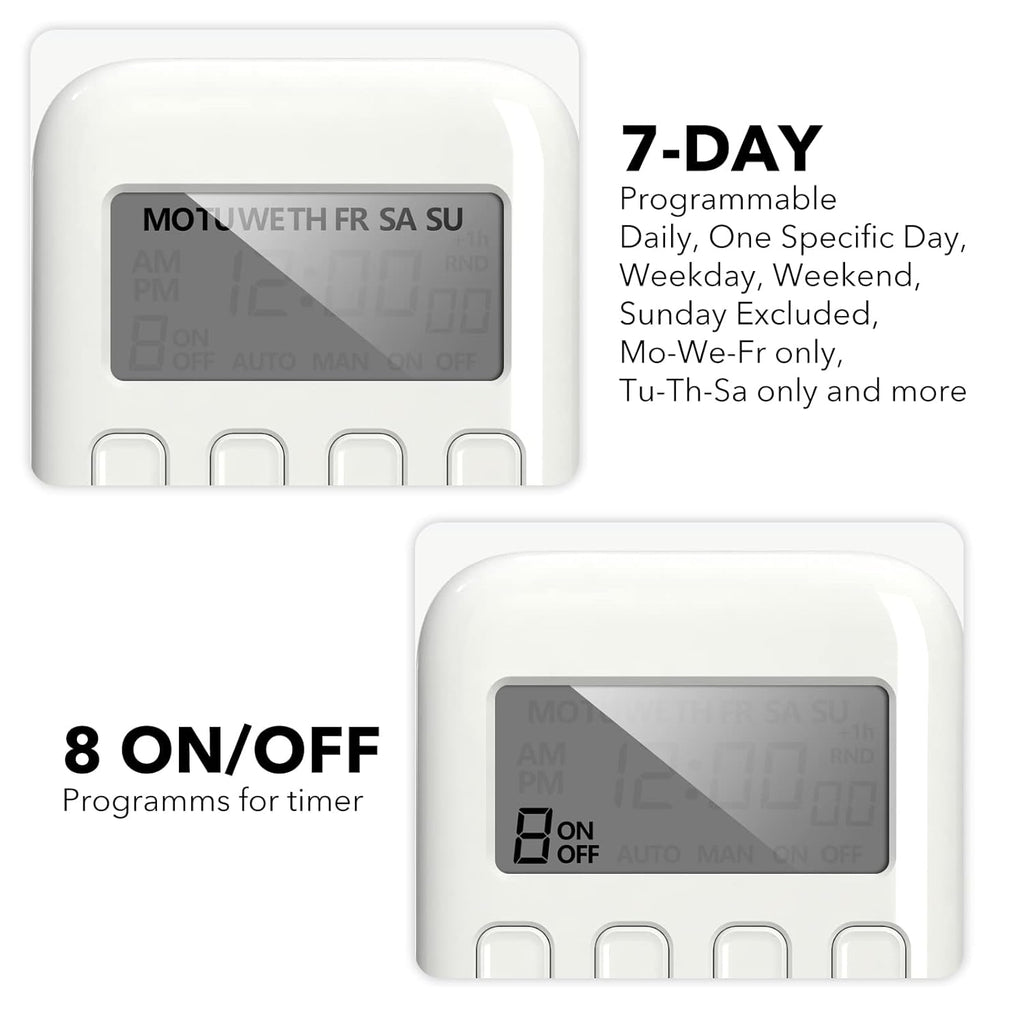 BN-LINK Indoor Digital Timer Outlet, Single Outlet 7 Day Programmable Light Switch, 3 Prong Plug in Timers for Electrical Outlets, Lamps, Fans, 8 On/Off Programs, 1 Pack, 15A/1875W, ETL Listed