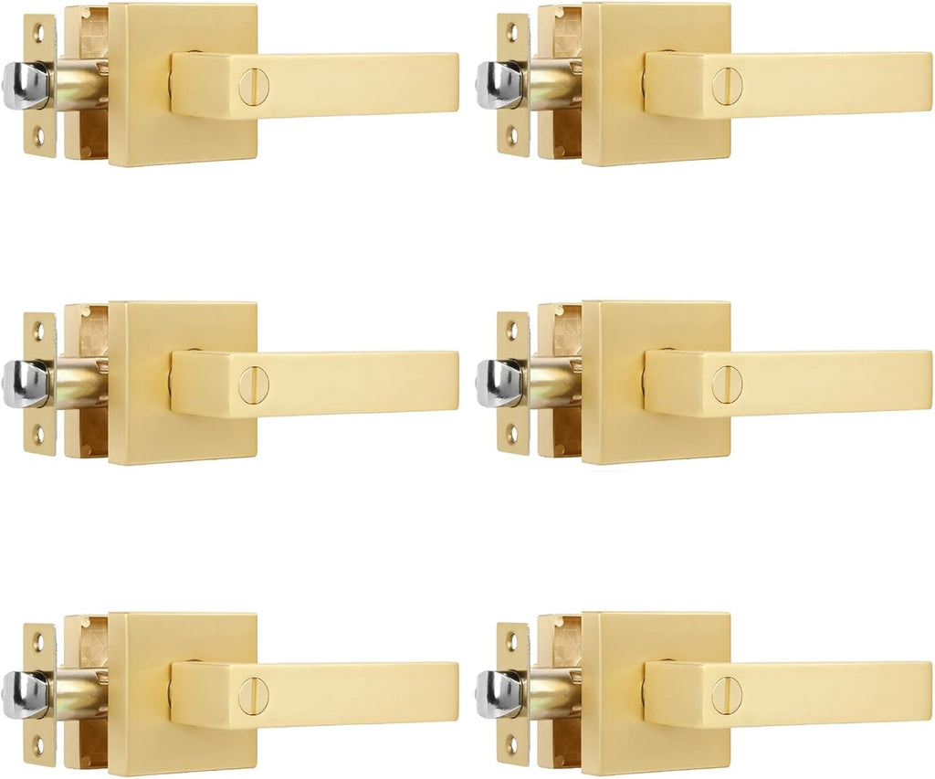 6 Pack Privacy Heavy Door Handle Lever with Stain Brass Finish Modern Design Door Lock for Bedroom or Bathroom, Door Hardware Reversible for Left and Right Handed