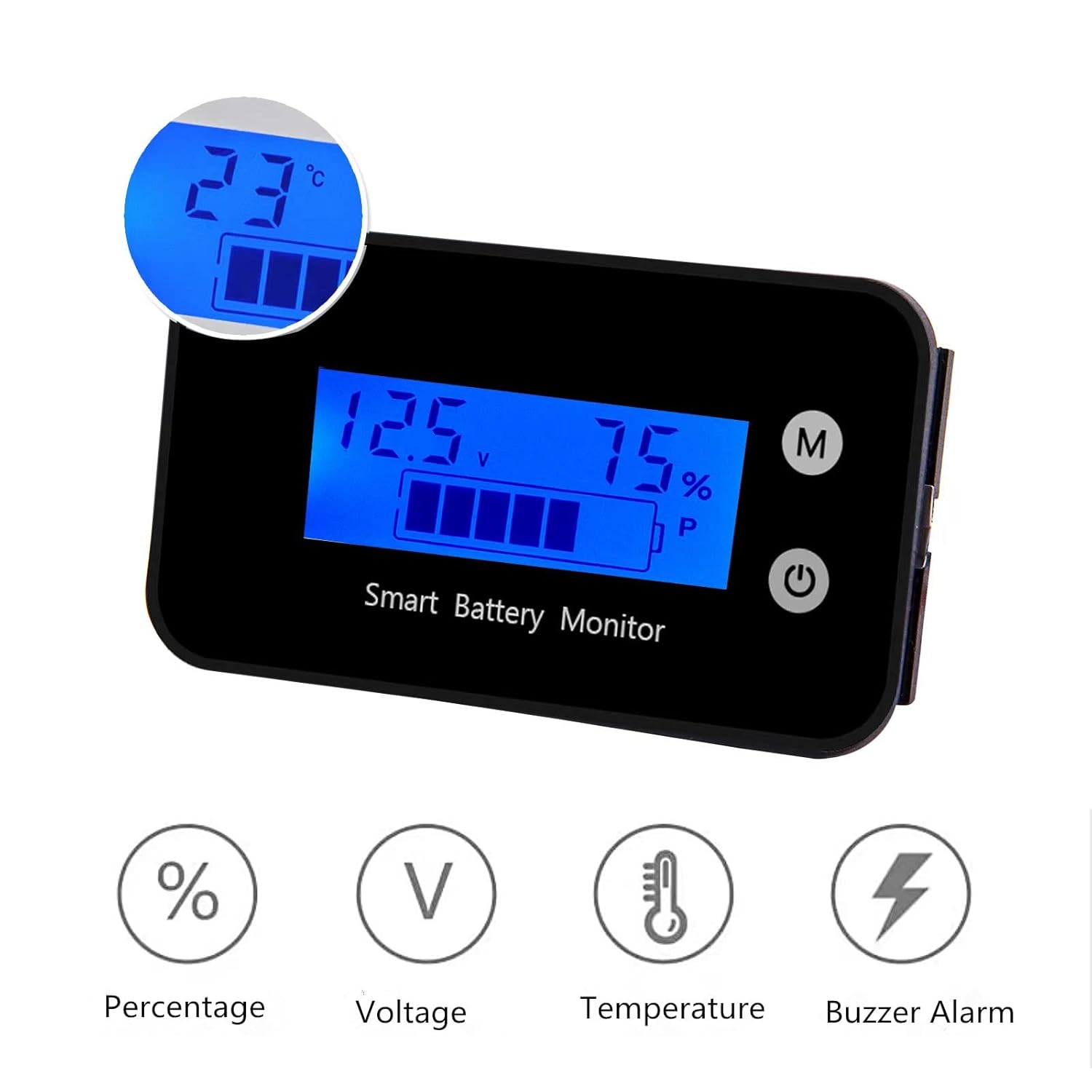 Waterproof Battery Monitor12v 24v 36v 48v 60v 72v ,Car Motorcycle Golf cart Battery Meter Digital Battery Capacity Remaining Capacity Percentage Tester with Buzzer Alarm and Temperature（Bule）